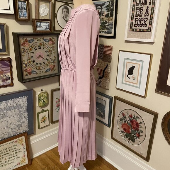 80s Vintage "In The Mood" Light Pink Pleated Midi Dress With Long Sleeves Size M - Picture 3 of 7